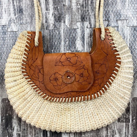 Vintage Crochet & Leather Purse Hand Tooled Stamped Flowers Boho Vibes - Picture 2 of 8
